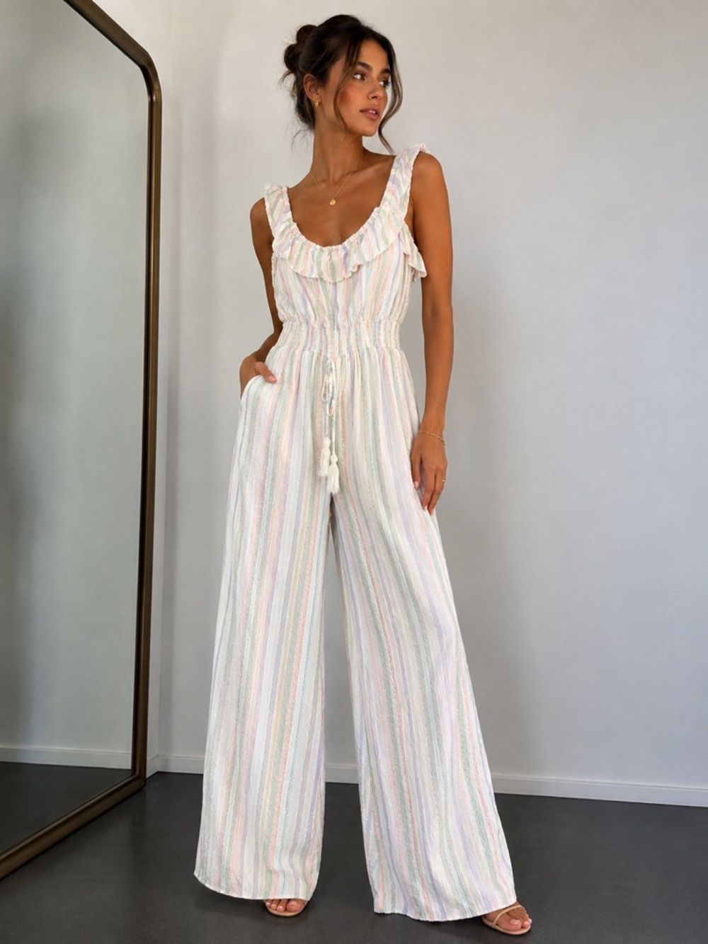 Surf Gypsy Cream Multi-Stripe Ruffle Wide-Leg Jumpsuit